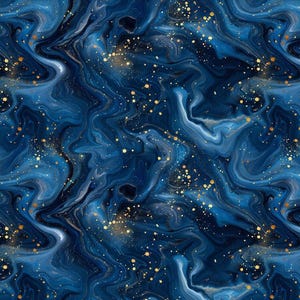 以下が含まれることがあります： 青と白の色合いで渦巻くデザインの抽象的なシームレスパターン。金色の斑点がアクセントになっています。パターンはマーブル効果があり、流れるようなダイナミックな視覚的テクスチャを作成します。全体的な美しさはエレガントで、天上的です。