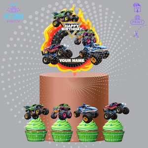 Personalized Monster Trucks Cake Topper for Children's Birthday Party + 4 Cupcake Images / Digital Download for Decorations / Not Editable