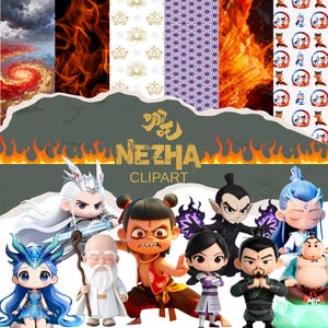 May include: A collection of Nezha-themed clipart featuring various cartoon characters with detailed designs. The image includes a variety of characters with different expressions and outfits, set against a backdrop of flames and decorative patterns. The text "NEZHA CLIPART" is also visible.