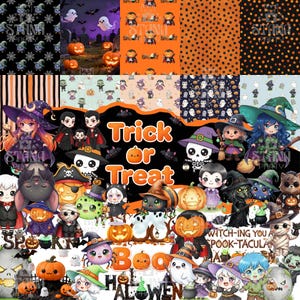 Pode incluir: Uma colagem de papéis digitais e ilustrações com tema de Halloween. Os designs incluem abóboras, fantasmas, bruxas, morcegos e as palavras "Trick or Treat" e "Boo Halloween". A paleta de cores apresenta laranja, preto, roxo e verde.