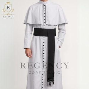 Catholic White Clergy Cassock with Cape, Roman Priest Vestment, Bishop Holy Church Robe,Priest Religious Liturgical Attire – Free Black Sash