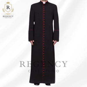 Roman Black Cassock Robe with Red Trim – Priest Vestment, Pastor Clergy Outfit, Bishop Church Robe, Religious Liturgical Wear -Church Attire