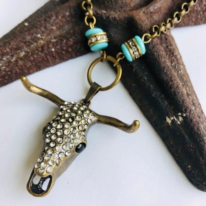 Boho Necklace Bull Skull Necklace bohemian southwestern necklace bull head steer necklace turquoise necklace