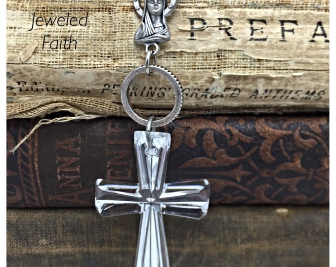 Glass Cross Necklace Rosary Necklace Vintage Religious Etsy