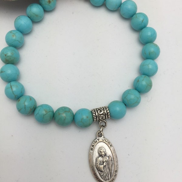 Custom Order for Michelle Saint Jude Bracelet Turquoise Beaded Bracelet with Religious Medal St Jude medal