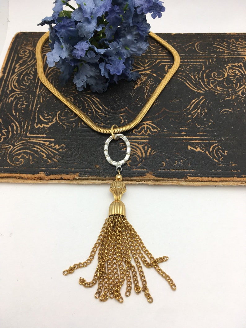 Tassel Necklace Choker Necklace Vintage Assemblage Necklace Rhinestone Necklace gold tassel