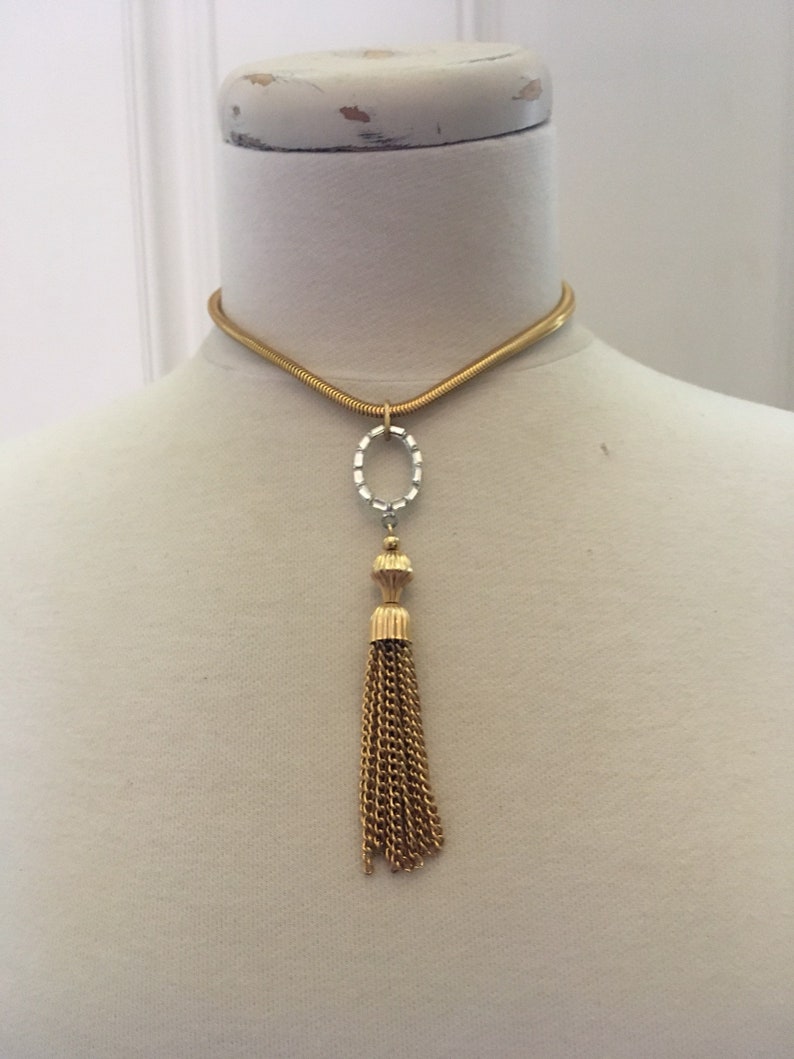 Tassel Necklace Choker Necklace Vintage Assemblage Necklace Rhinestone Necklace gold tassel