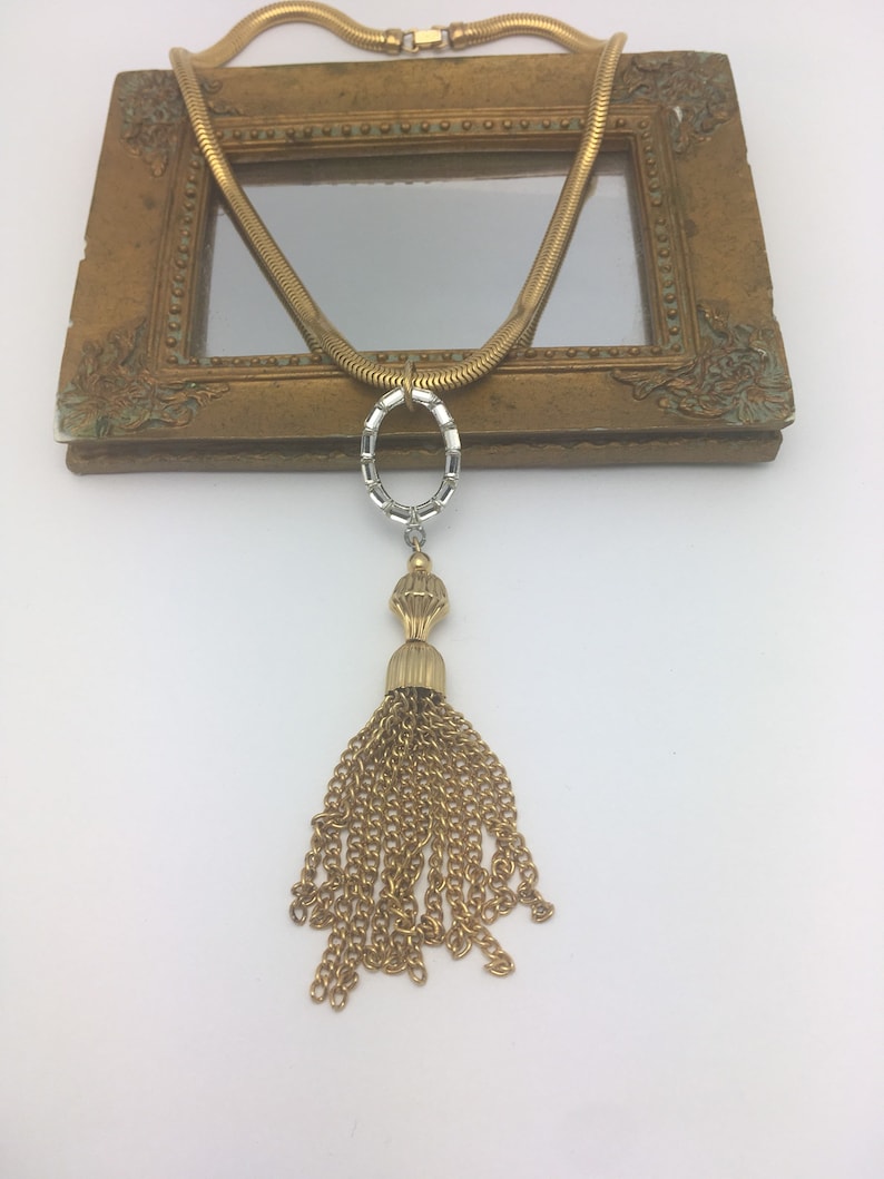 Tassel Necklace Choker Necklace Vintage Assemblage Necklace Rhinestone Necklace gold tassel