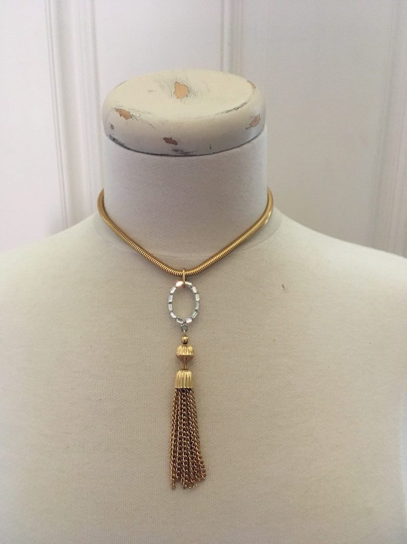 Tassel Necklace Choker Necklace Vintage Assemblage Necklace Rhinestone Necklace gold tassel