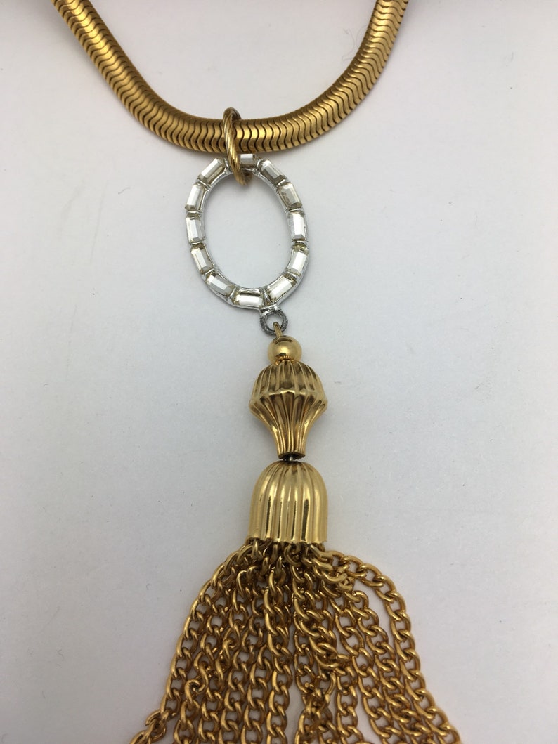 Tassel Necklace Choker Necklace Vintage Assemblage Necklace Rhinestone Necklace gold tassel
