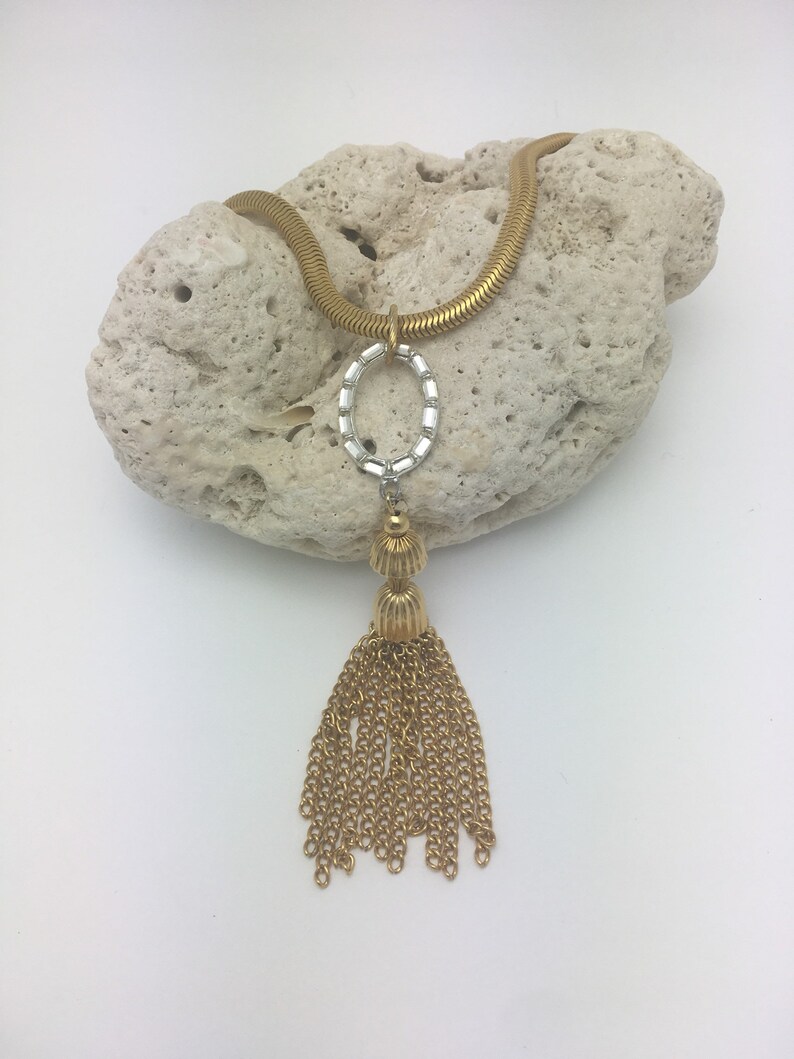 Tassel Necklace Choker Necklace Vintage Assemblage Necklace Rhinestone Necklace gold tassel