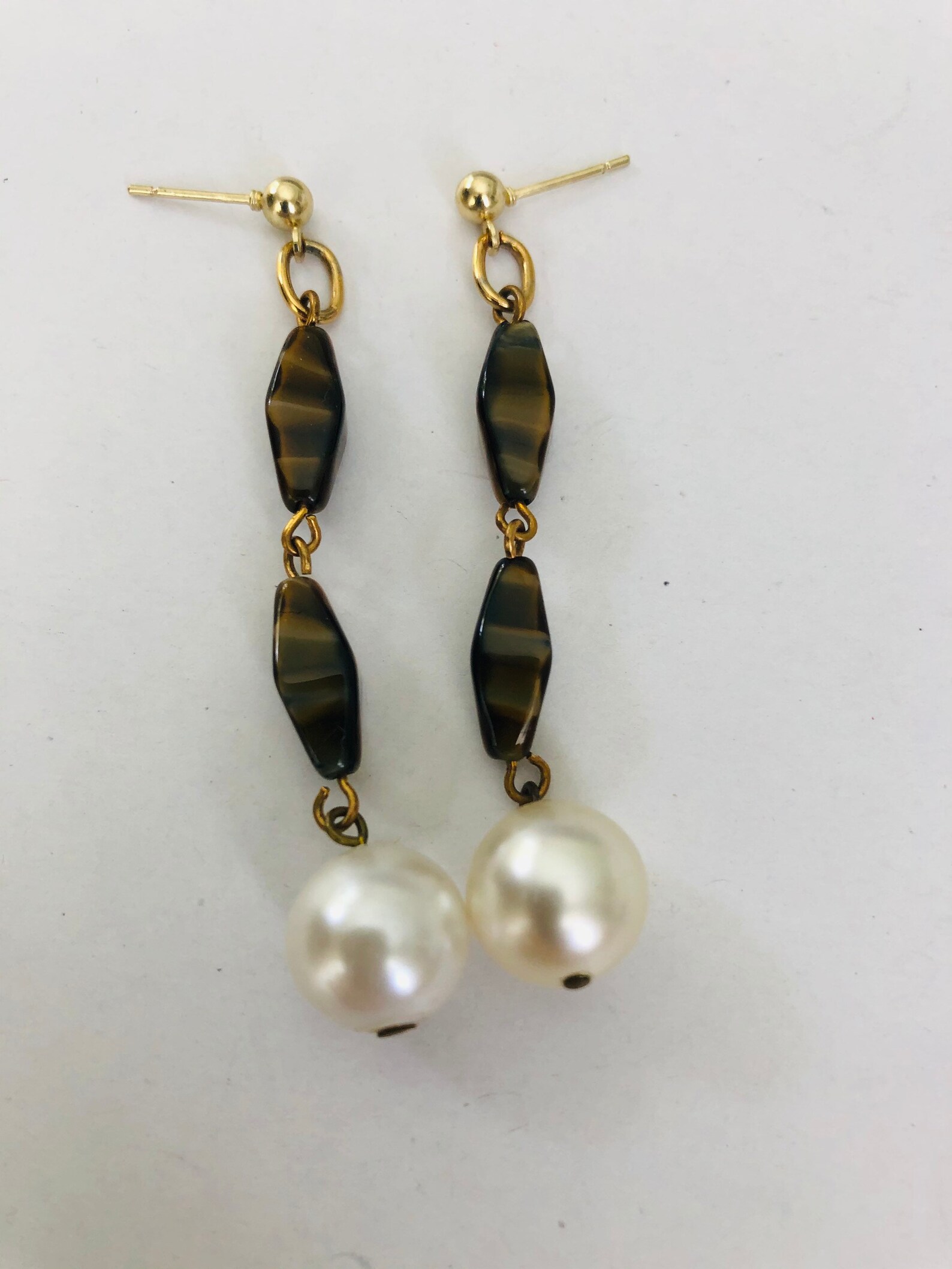 Tiger Eye Earrings Pearl Earrings Vintage Assemblage Earrings Vintage