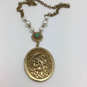 Gold Locket Necklace Vintage Assemblage Necklace oval locket pendant pearls large locket photo locket