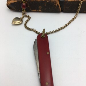 Vintage Pocket Knife Necklace Vintage Necklace Vintage Assemblage Necklace red pocket knife heart charm