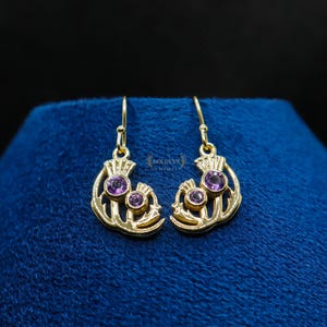 Custom 14K–22K Gold Thistle Earrings with Name Engraving – Scottish Heritage Jewelry, Personalized Gift for women