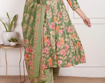 Pantalón verde Anarkali Kurti Dupatta Sanganeri estampado vestido de novia indio traje Kurtis de diseñador