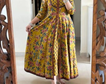 Kwiatowa żółta bawełniana kurta Anarkali, spodnie Dupatta, designerska kurta dla kobiet w indyjskiej sukni ślubnej