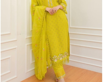Yellow Cotton Kurti Pant Dupatta Set, Embroidered Pakistani Suit