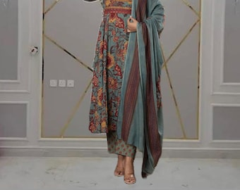 Conjunto de Kurti Anarkali de algodón, pantalón y dupatta, vestido de boda indio de 3 piezas.