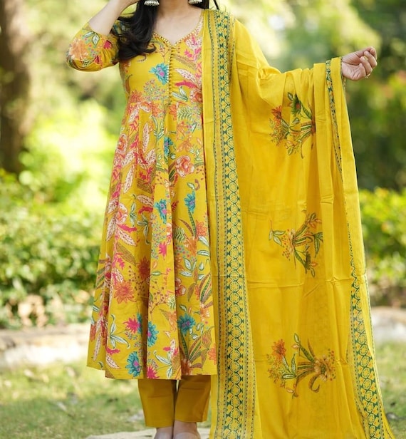 cotton haldi dress for women Haldi Heritage Ajrakh Mirrorwork Cotton Kurta Dress