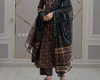 Designer Cotton Anarkali Kurti Pant Dupatta Indian Wedding Dress SummerWear Kurtis 3PC Suit