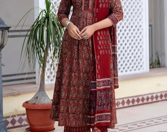 Floral Cotton Anarkali Kurti Pant Dupatta Designer Kurta For Women Indian Wedding Dress 3PC Kurti