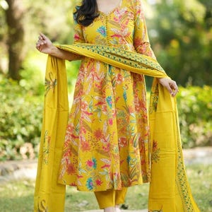 Cotton Anarkali Kurti Pant Dupatta Designer Kurta For Women Indian Wedding Dress 3PC Kurtis