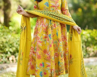 Cotton Anarkali Kurti Pant Dupatta Designer Kurta For Women Indian Wedding Dress 3PC Kurtis