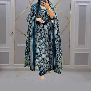 Blue Cotton Anarkali Kurti Set: Hand-Embroidered Indian Wedding Outfit