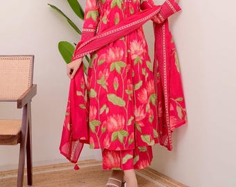 Pink Anarkali Kurti Pant Dupatta Designer Kurta For Women Indian Wedding Dress 3PC KurtiSet