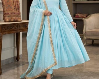 Printed Cotton Anarkali Kurtis Pant Dupatta Designer Kurta Set Indiana Wedding Dress 3PC Kurtis