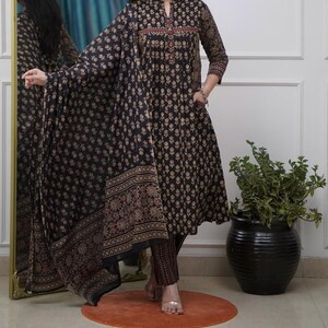 Black Cotton Anarkali Kurti with Pant and Dupatta Set
