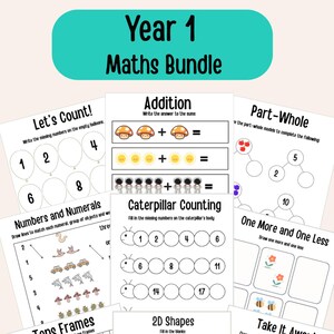 May include: A collection of printable worksheets for Year 1 math, featuring topics like counting, addition, subtraction, and shapes. The worksheets have colorful illustrations and clear instructions, perfect for early learners. The title "Year 1 Maths Bundle" is at the top.