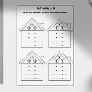 May include: Black and white worksheet titled "Fact Families to 10" with house-shaped diagrams for addition and subtraction practice. A metal ruler is on the left side. A cup of coffee, pen, and small container are on the right.