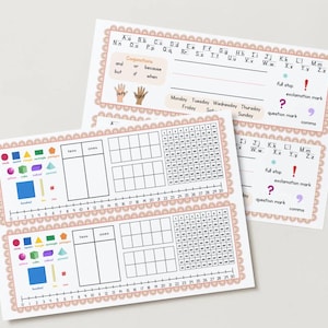 May include: Educational flashcards with a light peach border. The cards feature the alphabet, numbers, shapes, and math concepts. The cards also include the days of the week, punctuation, and conjunctions.