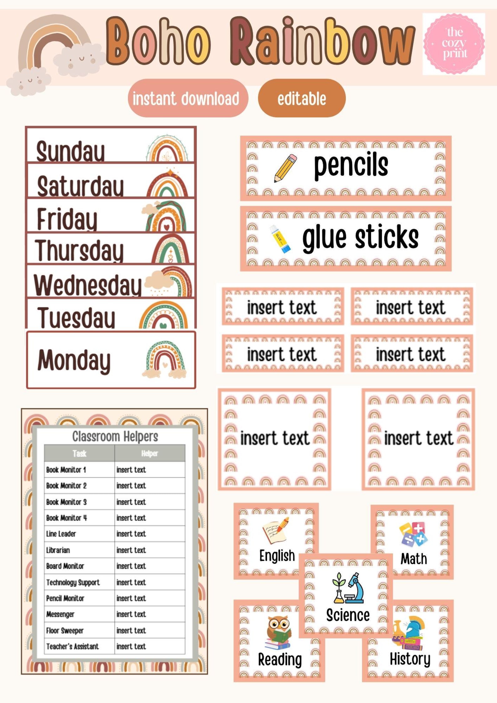 Boho Rainbow Classroom Decor Bundle | Printable + Editable Canva ...