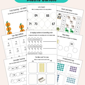 以下が含まれることがあります： 2年生向けの算数ワークシートのコレクションで、数え方、足し算、位取りなどのトピックを扱っています。ワークシートには、カラフルなイラストと「Year 2 Maths Bundle」や「Let's Count!」などのテキストが含まれています。