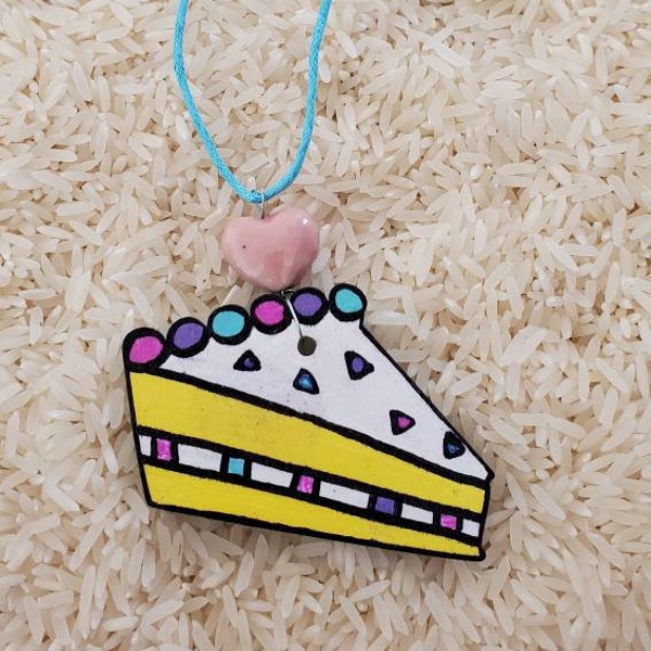 Retro 80s Piece of Cake Slice Wood Hand Painted Pendant Necklace, Original Design by Vivian Estalella