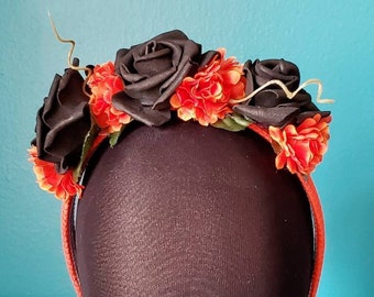 Handmade Orange and Black Floral Halloween Headband Fascinator by Arte Luna Millinery