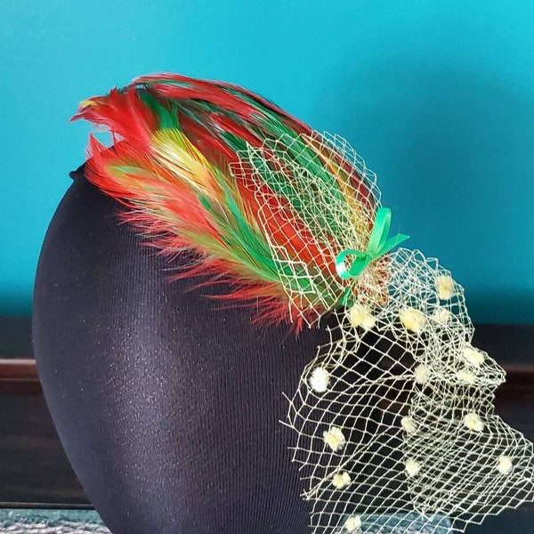 Handmade Yellow and Green Feather Fascinator with Birdcage Veil by Arte Luna Millinery