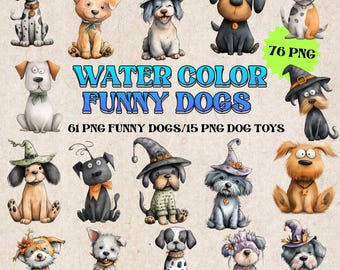 Watercolor Dogs Clipart Bundle: Funny Puppies & Toys (PNG, 300 DPI, Digital Download)
