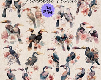 34 Watercolor Hornbill Clipart Set: Floral Exotic Bird PNG (Digital Download),Transparent Background