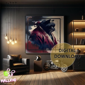 Black Cat Samurai Geisha Sumo Art Print Set | Japanese Warrior Cat Wall Decor – Zen Home Minimalist Oriental Painting – Feline Art Gift