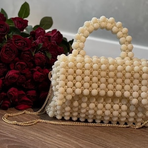 Handmade Pearl Beaded Bag – Elegant White Bead Purse with Gold Chain – Bridal, Evening, or Special Occasion Accessory