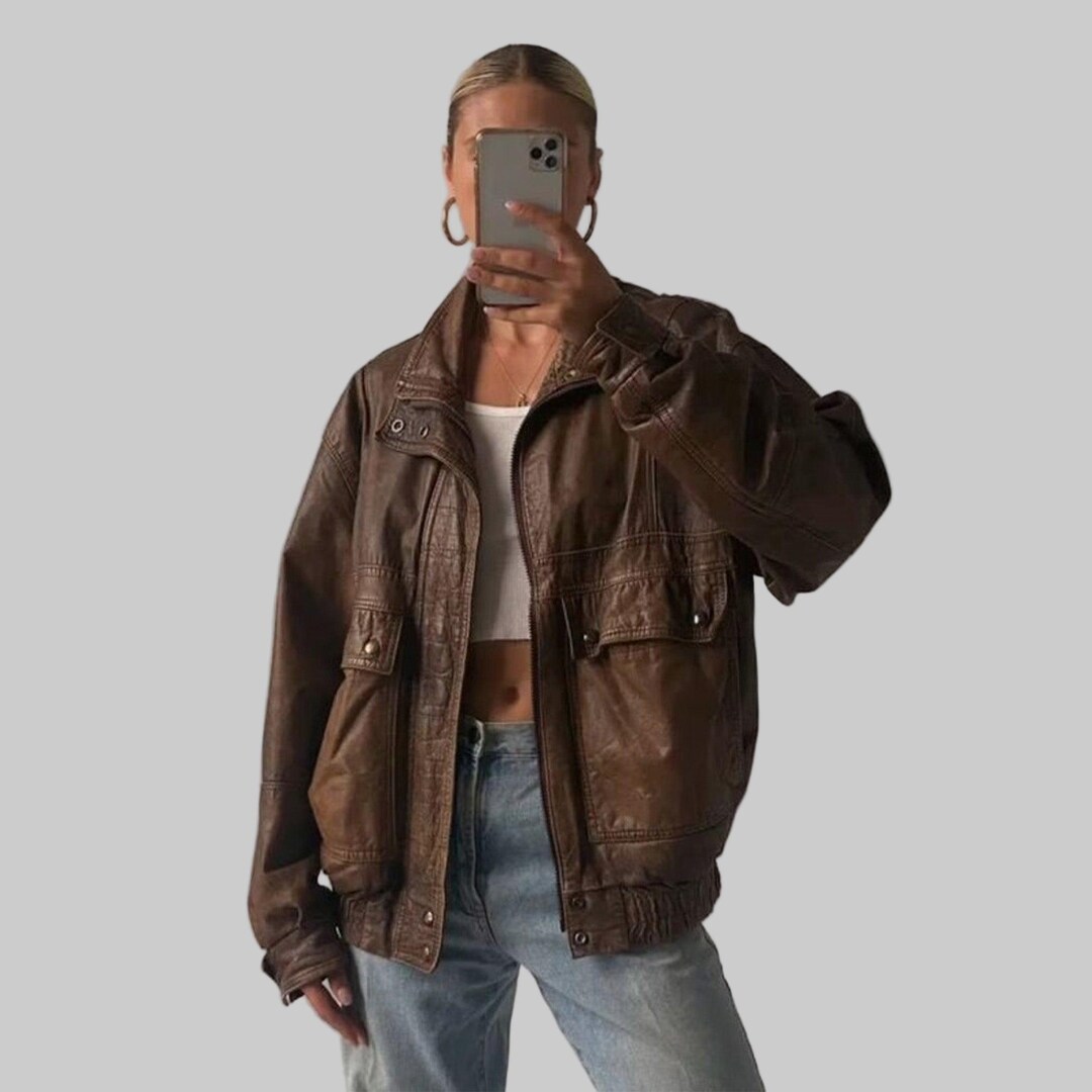 1990s Oversized Distressed Vintage Real Brown Leather Jacket