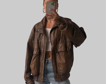 1990s Oversized Distressed Vintage Real Brown Leather Jacket: Retro Bomber Boxy Fit Coat