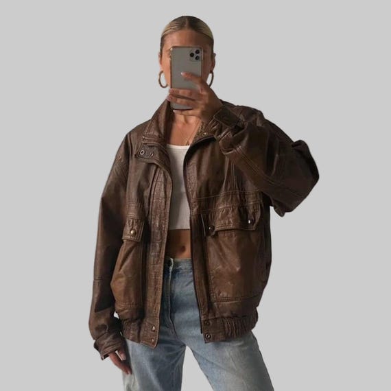 1990s Oversized Distressed Vintage Real Brown Leather Jacket