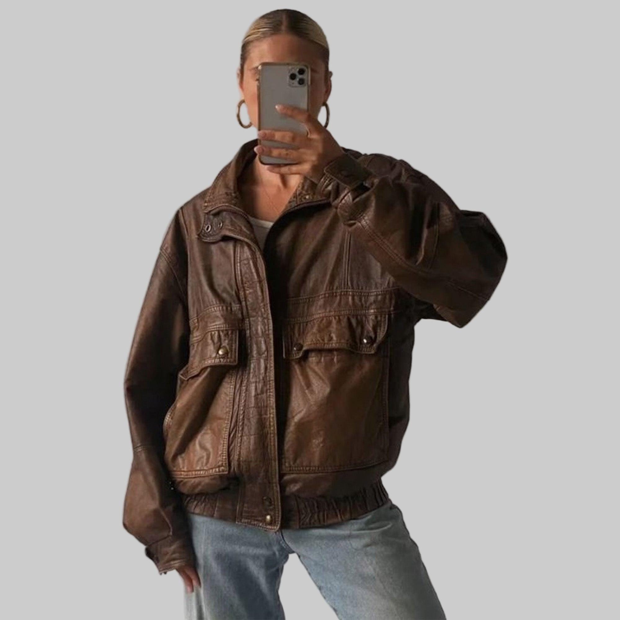 1990s Oversized Distressed Vintage Real Brown Leather Jacket