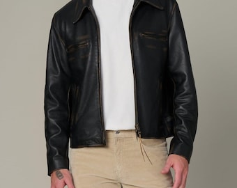 1990s Retro Black Genuine Sheepskin Leather Biker Jacket: Handmade Vintage Motorcycle Jacket