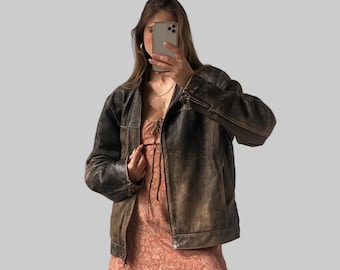 1990s Oversized Distressed Vintage Real Brown Leather Jacket: Retro Bomber Boxy Fit Coat